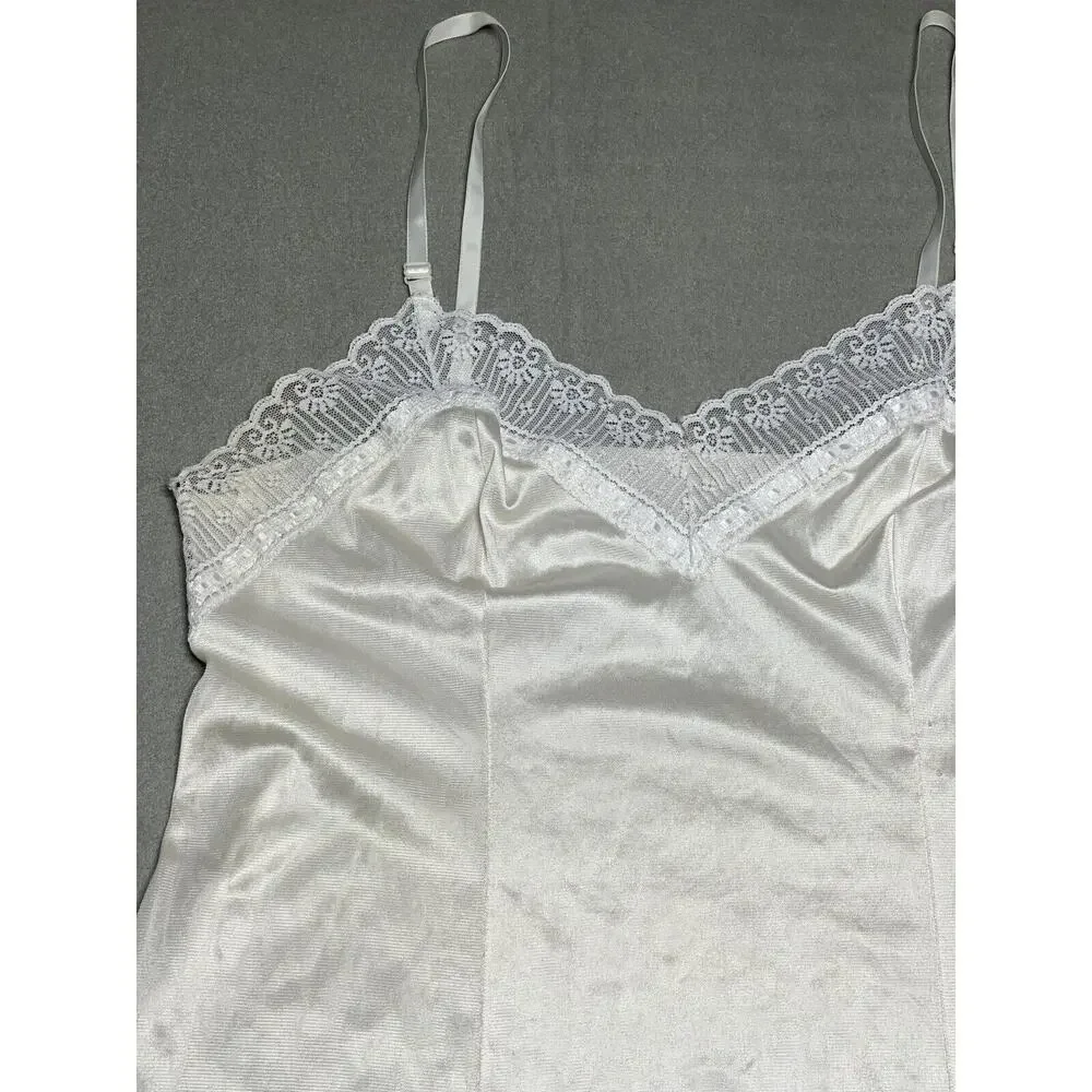 Sears 36 Full Slip Night Dress Vintage Nylon Ivory Lace Adjustable Strap V-neck*